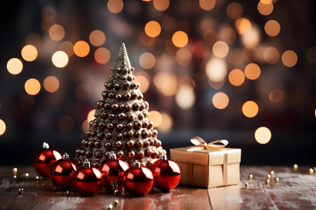 Creativo árbol de Navidad rojo con bolas brillantes y caja de regalo sobre fondo de luces brillantes borrosas Banner festivo de maqueta con decoración de adornos y espacio para copiar