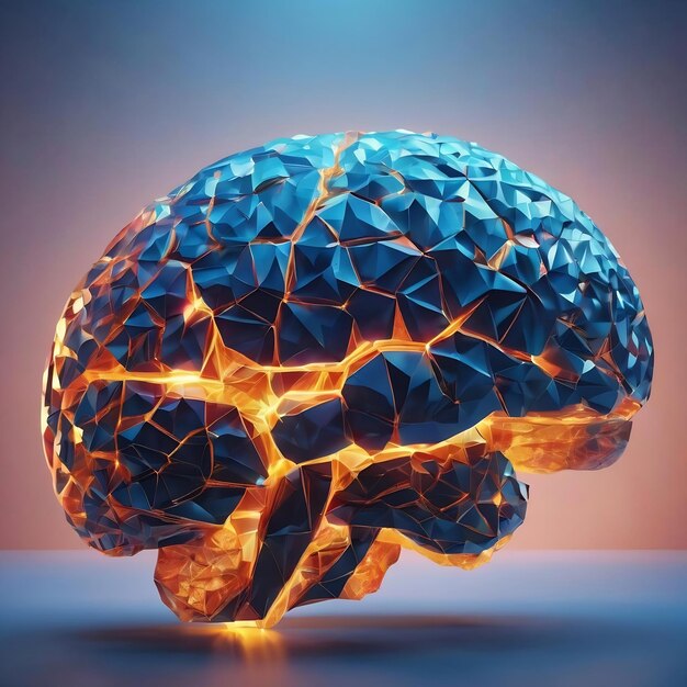 Creativo brillante cerebro poligonal en fondo azul ai y concepto futuro renderizado en 3D