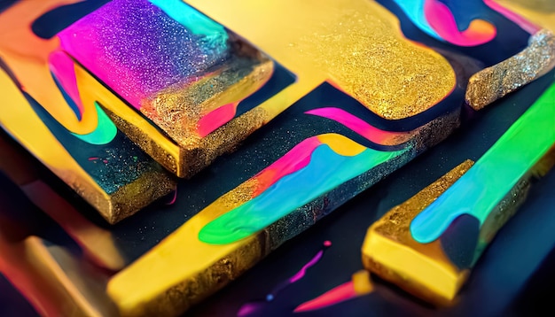 Creativo colorido neón oro abstracto dinámico torcido líquido forma fondo 3D ilustración