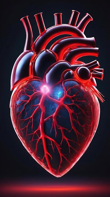 Creativo corazón digital rojo brillante holograma de interfaz futurista en fondo oscuro medicina cardiol