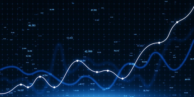 Creativo creciente índice gráfico de negocios en fondo tecnológico azul oscuro Crecimiento financiero e invertir concepto 3D Rendering