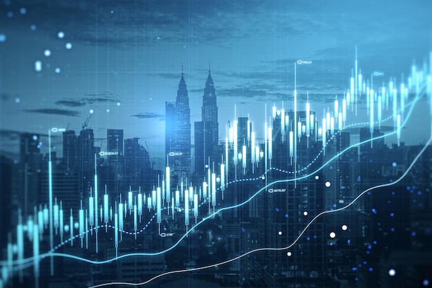 Creativo gráfico de velas azules brillantes sobre un fondo borroso de la ciudad Concepto de comercio y financiación de inversiones Doble exposición