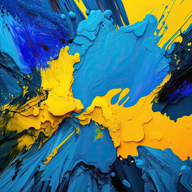 Creativo patrón de acrílico danza una mezcla caótica azul y amarillo de pintura y pigmento manchas en un