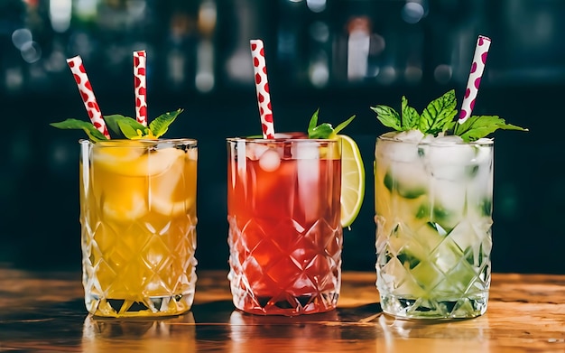Creativos cócteles de alcohol dulce y exótico en el fondo del bar tres vasos en la mesa bebidas refrescantes con pajitas