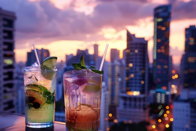 Foto creativos mocktails panorama de la ciudad en el anochecer