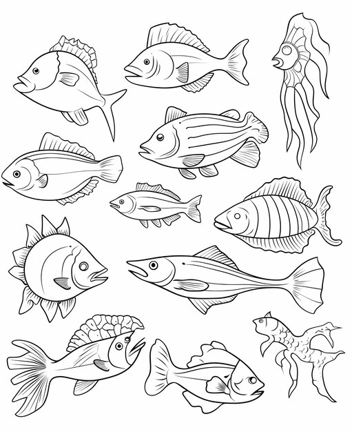 Foto creaturas do mar extravaganza página para colorir com 25 animais de desenho animado em linhas grossas