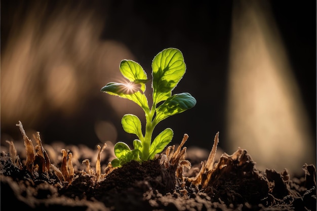 Creciente etapa de brote de plantas jóvenes verdes de la naturaleza bajo la luz del sol en la mañana