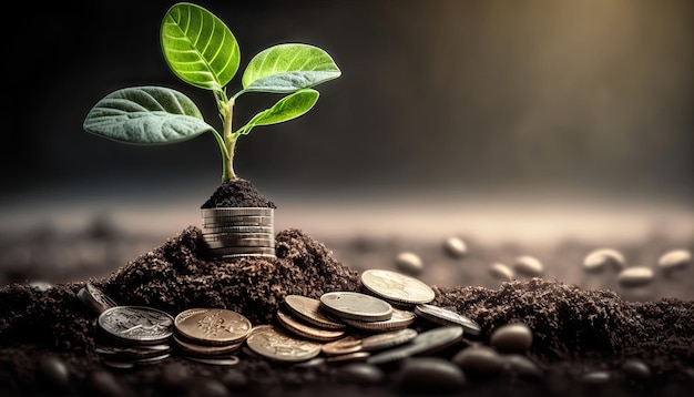 Foto creciente planta de dinero en monedas concepto de inversión y finanzas generativo ai