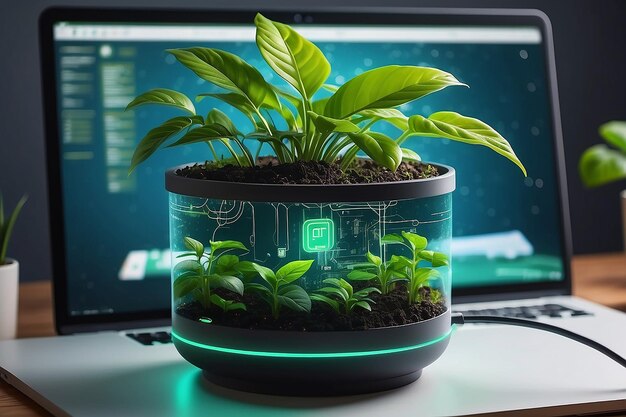 Foto crecimiento de árboles en macetas digitales tecnología ecológica y convergencia tecnológica computación verde tecnología verde