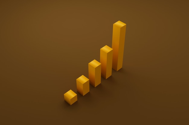 Crecimiento de la barra de gráfico subiendo escalones de escalera. Desarrollo empresarial para el éxito y el concepto de crecimiento creciente. Ilustración 3d