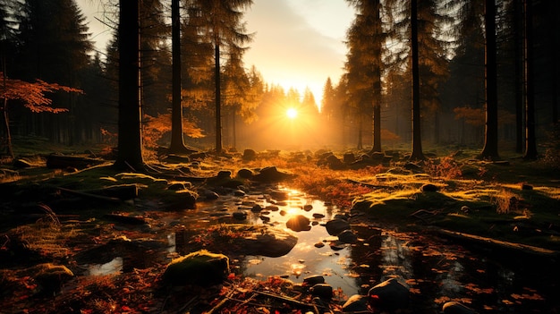 Crecimiento del bosque retroiluminado del prado del otoño en salida del sol