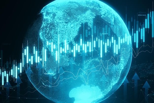 El crecimiento de la economía global y el concepto de aumento con el aumento de los gráficos de gráficos financieros azules digitales en la representación 3D de fondo del mapa del mundo oscuro