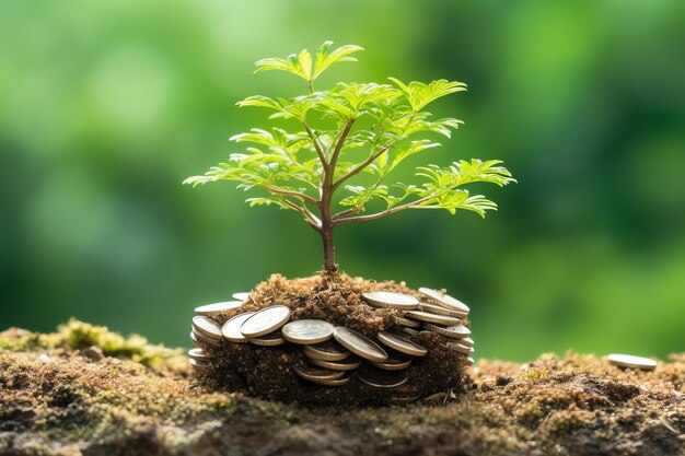 Crecimiento empresarial con un árbol en crecimiento en una moneda Mostrando desarrollos financieros Planificación financiera