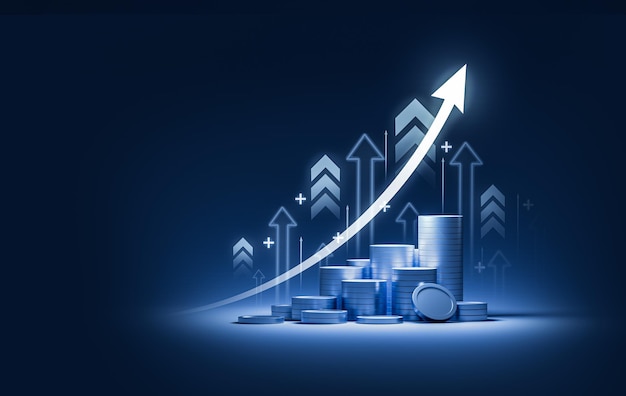 Crecimiento estrategia empresarial flecha éxito objetivo mejora fondo con aumento gráfico de desarrollo beneficio y dirección del mercado financiero ilustración 3d