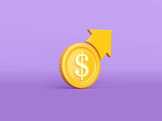 Crecimiento financiero amarillo e icono de moneda de dólar aislado sobre fondo púrpura Aumento de ingresos Minimalismo concepto 3d ilustración 3D render