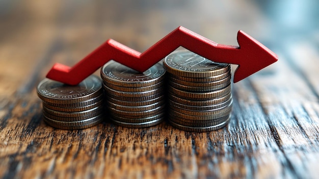 El crecimiento financiero está representado por una flecha que se eleva por encima de pilas de monedas en una superficie oscura