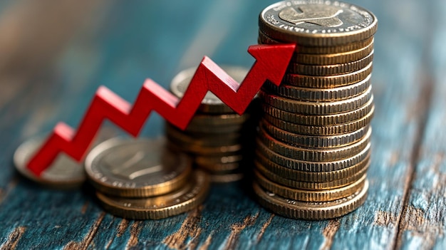 El crecimiento financiero está representado por una flecha que se eleva por encima de pilas de monedas en una superficie oscura