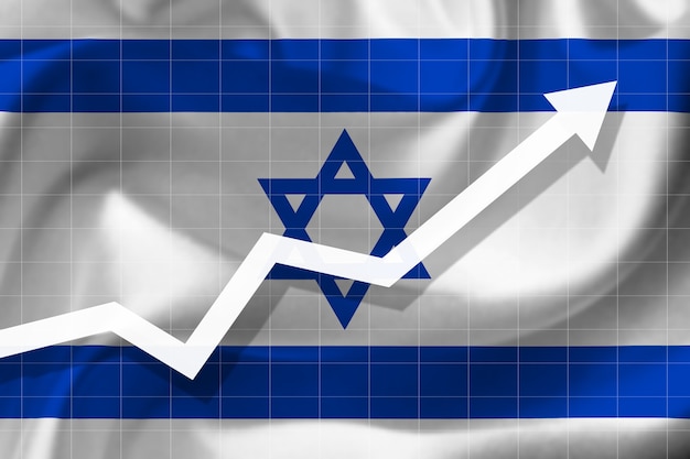 Crecimiento de la flecha blanca hacia arriba en el fondo de la bandera de Israel