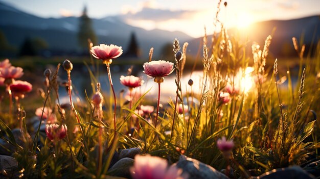 Crecimiento de flores silvestres en praderas sin cultivar iluminadas por el amanecer