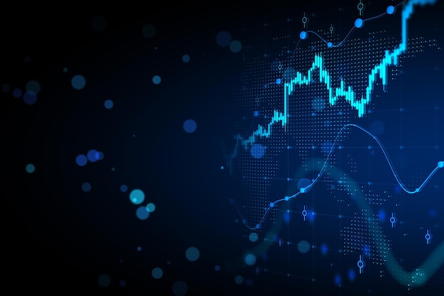 El crecimiento del mercado de valores y el concepto de inversión en el fondo borroso oscuro en blanco abstracto con bokeh y el aumento de gráficos de gráficos financieros Representación 3D maqueta