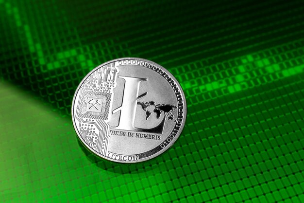 Crecimiento de la moneda criptográfica Litecoin, fondo de gráficos de gráfico de acciones verdes, primer plano de la moneda