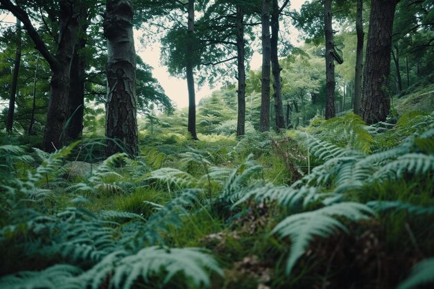 El crecimiento de la naturaleza, los helechos, los árboles y la belleza en los bosques no generados por la gente.