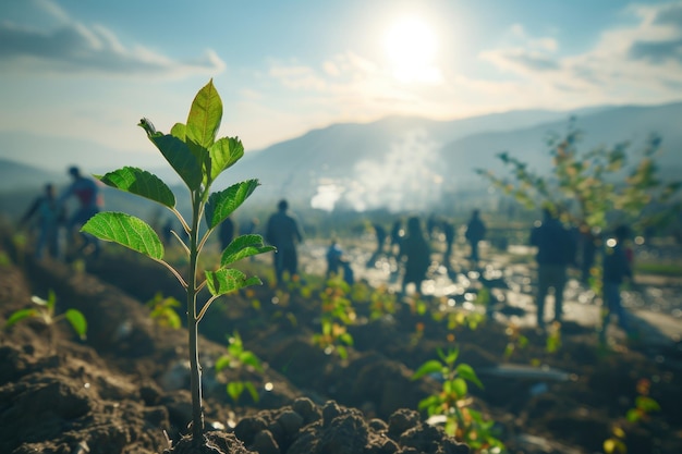 Foto crecimiento de nuevos árboles con plantadores voluntarios detrás closeup de un árbol con rocío en sus hojas con el movimiento borroso de los plantadores volontarios en el fondo al amanecer