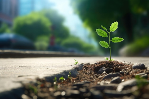 Crecimiento de pequeñas plantas verdes a través de grietas en el asfalto Lucha por el concepto de supervivencia Brote creciendo a través de la carretera