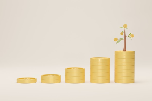 Crecimiento de la pila de monedas con árbol sobre fondo blanco. Creciente concepto de ahorro. Ilustración 3D.