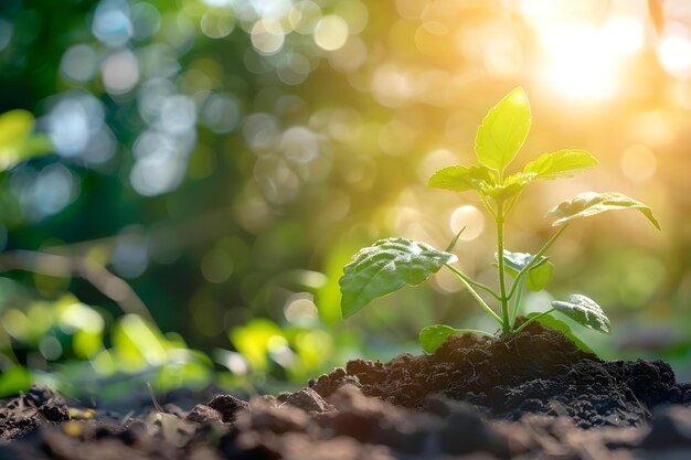 Foto el crecimiento de una planta joven en el suelo bajo la luz solar concepto crecimiento de la planta suelo luz solar jardinería naturaleza