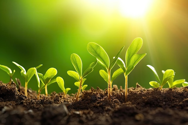 Crecimiento de plantas con luz solar en el fondo.