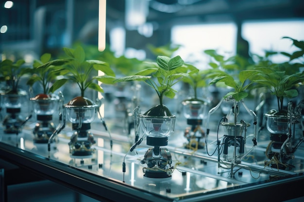 Crecimiento de plantas de semillas en laboratorio Tecnología futurista para el futuro de los alimentos y la tecnología agrícola para la vida