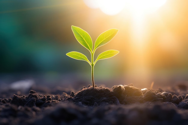 Crecimiento y renovación de plantas jóvenes que brotan con luz solar generada por IA