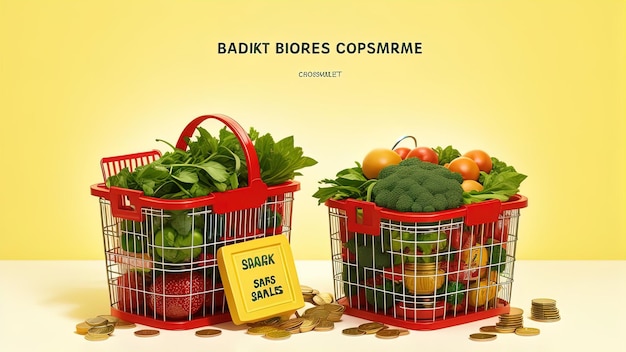 Crecimiento de las ventas de alimentos o crecimiento de la canasta de mercado o concepto de índice de precios al consumidor Cesta de compras con alimentos con pilas de monedas sobre fondo amarillo