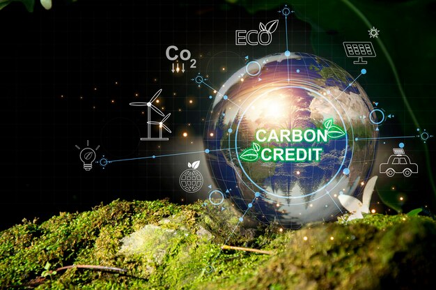 Foto crédito de carbono o mercado de comercio de co2 certificados negociables de carbono para comprar y vender empresas y medio ambiente industria y empresa sostenibles reducción de las emisiones de carbono al objetivo neto de cero gases de efecto invernadero