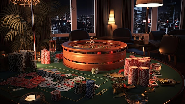 Cree un ambiente de casino elegante con decoraciones elegantes como centros de mesa en forma de diamante con globos negros y dorados y un fondo brillante Generado por IA