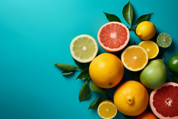 Cree un ambiente refrescante con esta impresionante vista superior de frutas cítricas para el verano generada por IA