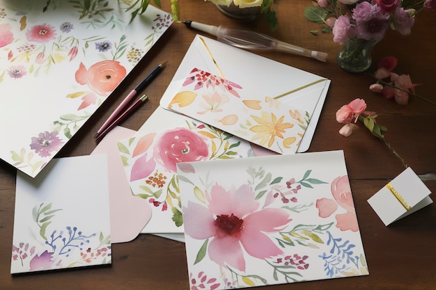 Cree un conjunto de artículos de papelería con motivos florales de acuarela que incluya sobres de tarjetas de notas y membretes generados ai