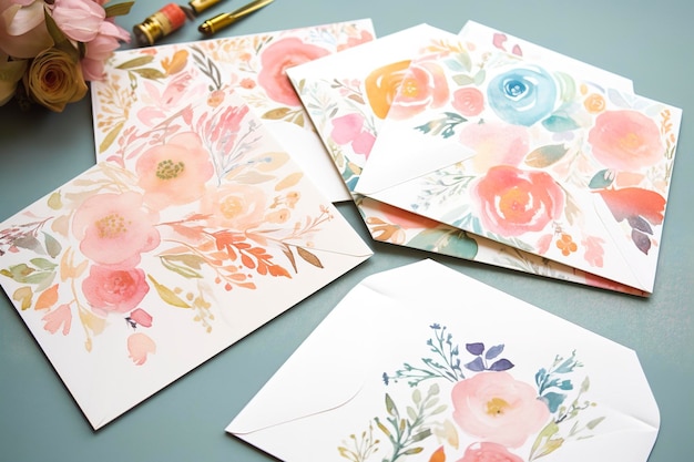 Cree un conjunto de artículos de papelería con motivos florales de acuarela que incluya sobres de tarjetas de notas y membretes generados ai