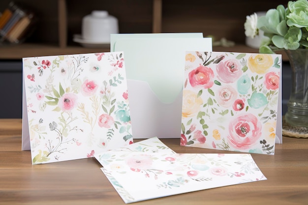 Cree un conjunto de artículos de papelería con motivos florales de acuarela que incluya sobres de tarjetas de notas y membretes generados ai