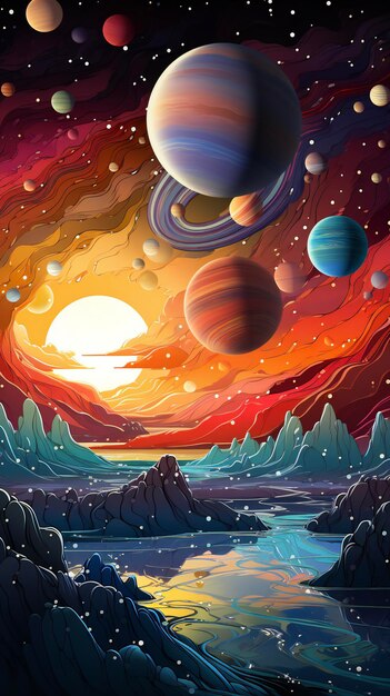 Cree una ilustración plana de arcoíris de planetas y estrellas con un fondo de campo simple