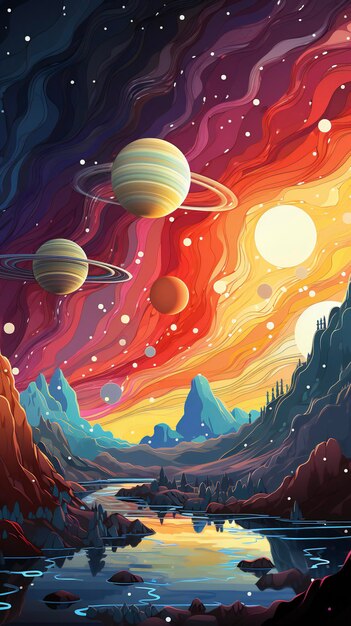 Cree una ilustración plana de arcoíris de planetas y estrellas con un fondo de campo simple