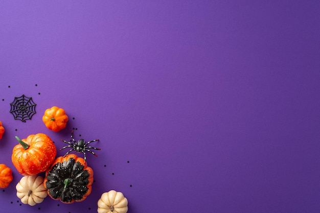 Creepycrawlies und Halloween-Charme kollidieren in dieser Top-View-Snapshot Spinnwebe Kürbisse Spinne und mehr gegen einen violetten Hintergrund perfekt für personalisierte Grüße oder Werbung