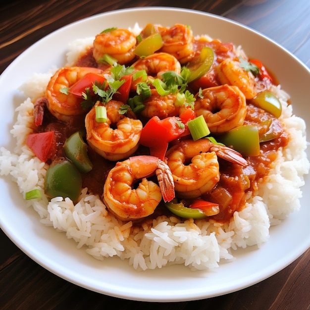 Foto creimpole prato de camarão à base de tomate picante com legumes sobre arroz