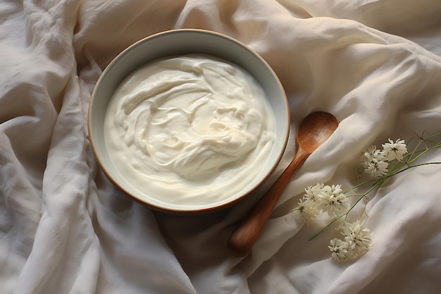 Crema agria grasosa espesa en un plato hondo con una cuchara de madera