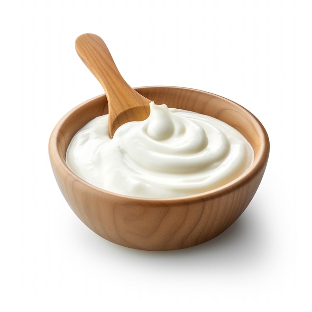 Crema agria en tazón de madera y yogur de mayonesa de cuchara aislado en transparente con generar Ai