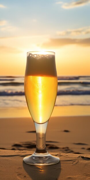 Foto crema amanecer una escena romántica en la playa con una copa de cerveza