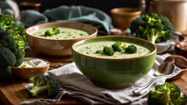 Crema apetitosa de sopa de brócoli en la mesa