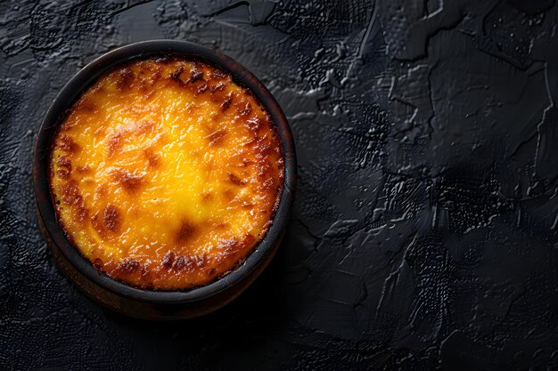 Crema Catalana em um fundo preto vista de cima Conceito de cozinha espanhola Fotografia de alimentos sobremesas espanholas Vista de cima Fundo escuro Crema Catalan