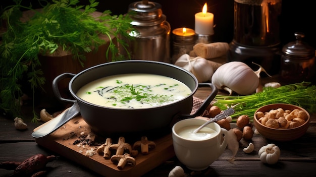 La crema de champiñones es un tipo simple de sopa en la que un roux básico se diluye con crema o leche.